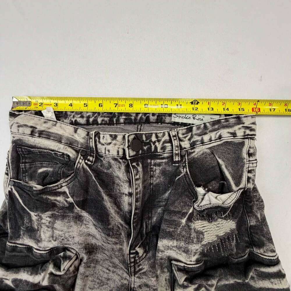 Smoke Rise Men's Stacked Flare Cargo Denim Jeans in Acid Washed Black - Picture 5 of 8